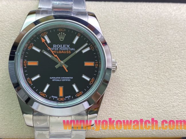 ロレックスコピー ミルガウス（Oyster Perpetual Milgauss）41mm 116400“ブラック・ダイヤル＋オレンジ・秒針＋グリーン・サファイアガラス＋316Lスチールブレスレット” メンズ専用モデル