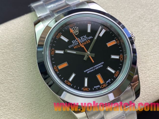 ロレックスコピー ミルガウス（Oyster Perpetual Milgauss）41mm 116400“ブラック・ダイヤル＋オレンジ・秒針＋グリーン・サファイアガラス＋316Lスチールブレスレット” メンズ専用モデル