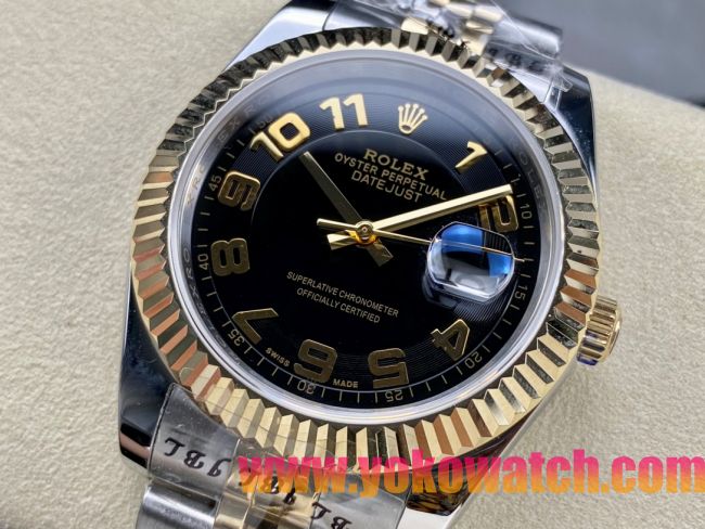 ロレックスコピー デイトジャスト（Oyster Perpetual Datejust）41mm 126233“ブラック・ダイヤル＋ゴールド・アラビア数字インデックス＋リングコマンド機能搭載の三角坑紋ベゼル＋316Lスチールブレスレット” メ