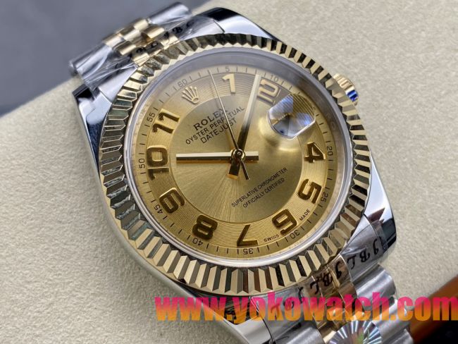 ロレックスコピー デイトジャスト（Oyster Perpetual Datejust）41mm 126233“ゴールド・ダイヤル＋ゴールド・アラビア数字インデックス＋リングコマンド機能搭載の三角坑紋ベゼル＋316Lスチールブレスレット” メ