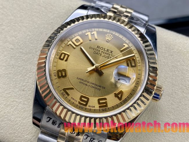 ロレックスコピー デイトジャスト（Oyster Perpetual Datejust）41mm 126233“ゴールド・ダイヤル＋ゴールド・アラビア数字インデックス＋リングコマンド機能搭載の三角坑紋ベゼル＋316Lスチールブレスレット” メ