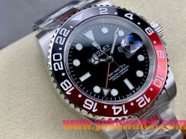 ロレックスコピー GMT-Master II（グリーンニッチ）40mm “ブラック・ダイヤル＋ステンレスケース＋バイカラーセラミックベゼル（ブルー＆レッド）＋オイスターブレスレット” メンズ専用モデル