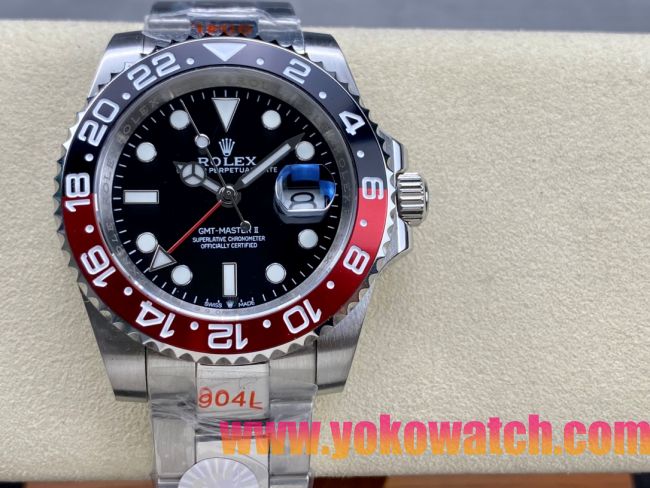 ロレックスコピー GMT-Master II（グリーンニッチ）40mm “ブラック・ダイヤル＋ステンレスケース＋バイカラーセラミックベゼル（ブルー＆レッド）＋オイスターブレスレット” メンズ専用モデル
