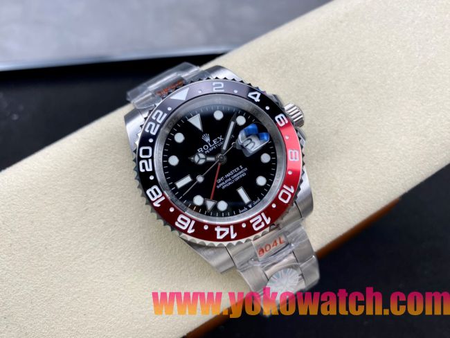 ロレックスコピー GMT-Master II（グリーンニッチ）40mm “ブラック・ダイヤル＋ステンレスケース＋バイカラーセラミックベゼル（ブルー＆レッド）＋オイスターブレスレット” メンズ専用モデル