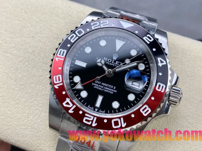 ロレックスコピー GMT-Master II（グリーンニッチ）40mm “ブラック・ダイヤル＋ステンレスケース＋バイカラーセラミックベゼル（ブルー＆レッド）＋オイスターブレスレット” メンズ専用モデル