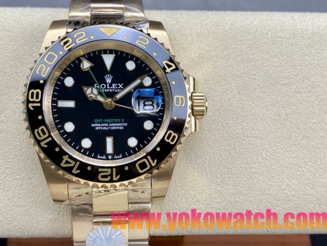 ロレックスコピー GMT-Master II（グリーンニッチ）40mm 126718LB“ブラック・ダイヤル＋イエローゴールドケース＋バイカラーセラミックベゼル（ブルー＆ブラック）＋オイスターブレスレット” メンズ専用モデル