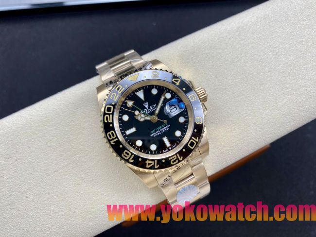 ロレックスコピー GMT-Master II（グリーンニッチ）40mm 126718LB“ブラック・ダイヤル＋イエローゴールドケース＋バイカラーセラミックベゼル（ブルー＆ブラック）＋オイスターブレスレット” メンズ専用モデル