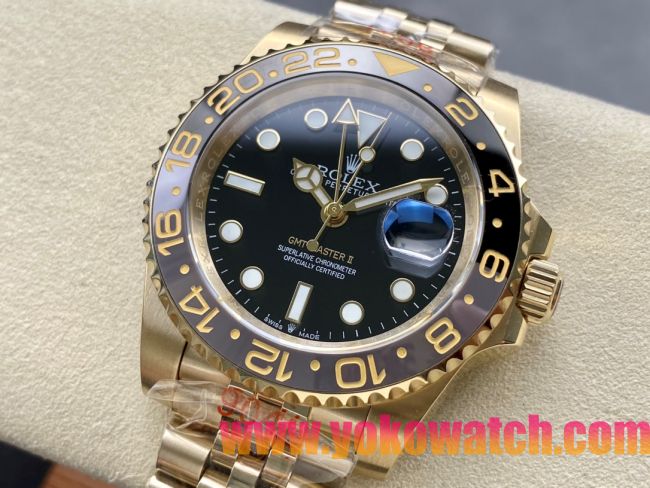 ロレックスコピー GMT-Master II（グリーンニッチ）40mm 126718LB“ブラック・ダイヤル＋イエローゴールドケース＋バイカラーセラミックベゼル（ブルー＆ブラック）＋オイスターブレスレット” メンズ専用モデル