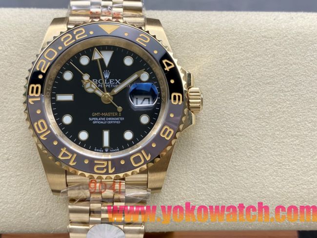 ロレックスコピー GMT-Master II（グリーンニッチ）40mm 126718LB“ブラック・ダイヤル＋イエローゴールドケース＋バイカラーセラミックベゼル（ブルー＆ブラック）＋オイスターブレスレット” メンズ専用モデル