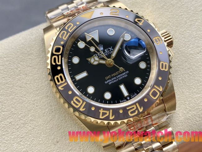 ロレックスコピー GMT-Master II（グリーンニッチ）40mm 126718LB“ブラック・ダイヤル＋イエローゴールドケース＋バイカラーセラミックベゼル（ブルー＆ブラック）＋オイスターブレスレット” メンズ専用モデル