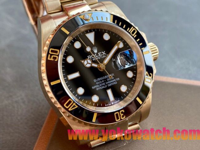 ロレックスコピー サブマリーナー（SUB）41mm “ブラック・ベゼル＋ブラック・ダイヤル＋イエローゴールドケース＋オイスターブレスレット” メンズ専用モデル