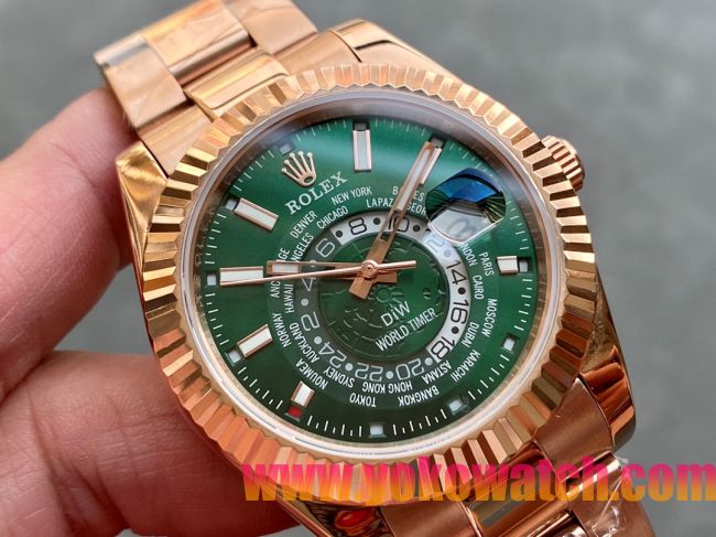 ロレックスコピー・ワールドタイマー（DIW）40mm 5185R“グリーン・ダイヤル＋ローズゴールドケース＋オイスターブレスレット” メンズ専用モデル  