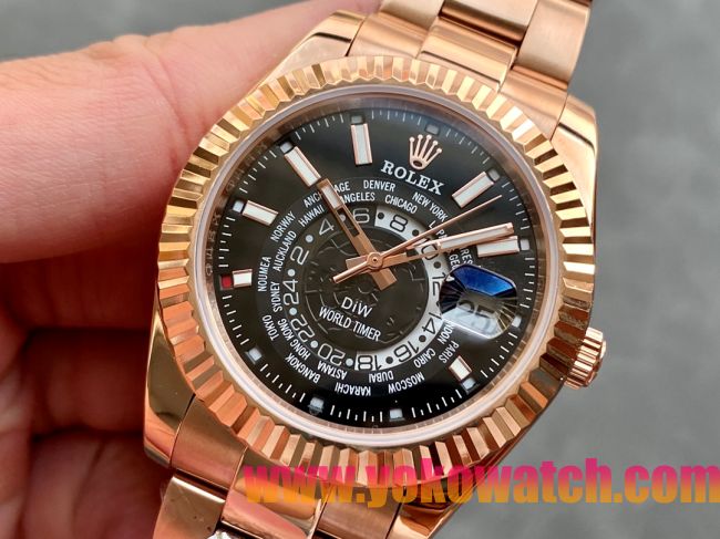 ロレックスコピー・ワールドタイマー（DIW）40mm 5185R“ブラック・ダイヤル＋ローズゴールドケース＋オイスターブレスレット” メンズ専用モデル 