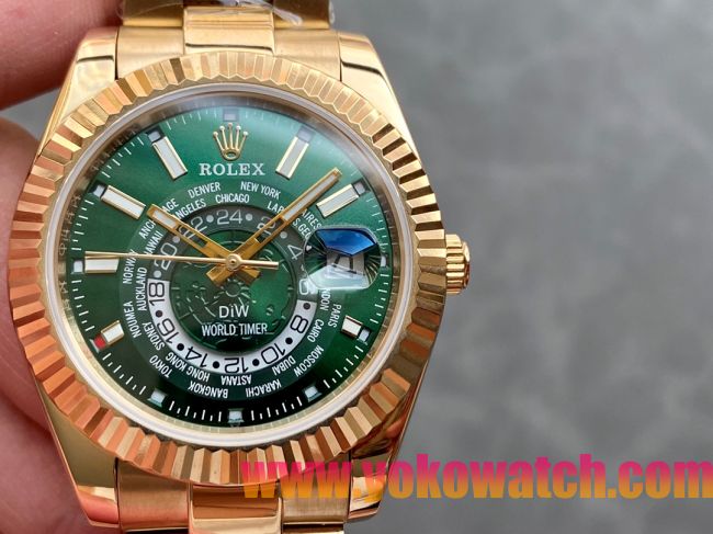 ロレックスコピー・ワールドタイマー（DIW）40mm 5185R“グリーン・ダイヤル＋イエローゴールドケース＋オイスターブレスレット” メンズ専用モデル