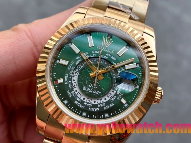 ロレックスコピー・ワールドタイマー（DIW）40mm 5185R“グリーン・ダイヤル＋イエローゴールドケース＋オイスターブレスレット” メンズ専用モデル