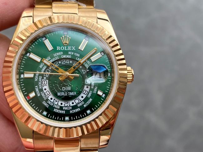 ロレックスコピー・ワールドタイマー（DIW）40mm 5185R“グリーン・ダイヤル＋イエローゴールドケース＋オイスターブレスレット” メンズ専用モデル