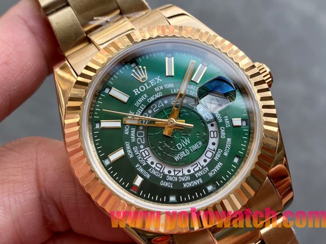 ロレックスコピー・ワールドタイマー（DIW）40mm 5185R“グリーン・ダイヤル＋イエローゴールドケース＋オイスターブレスレット” メンズ専用モデル