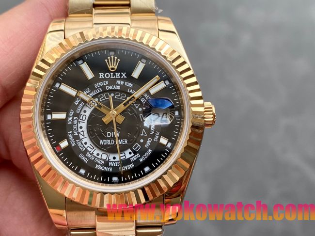 ロレックスコピー・ワールドタイマー（DIW）40mm 5185R“ブラック・ダイヤル＋イエローゴールドケース＋オイスターブレスレット” メンズ専用モデル