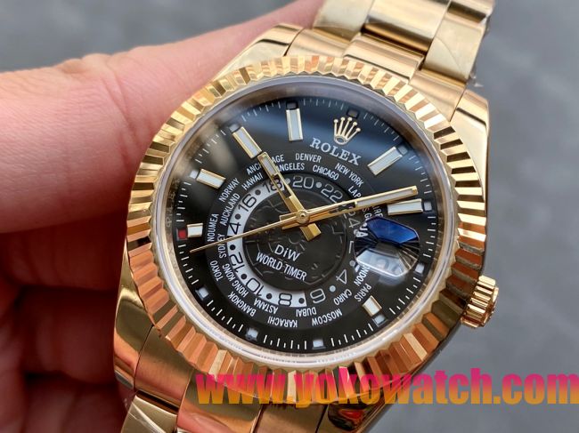 ロレックスコピー・ワールドタイマー（DIW）40mm 5185R“ブラック・ダイヤル＋イエローゴールドケース＋オイスターブレスレット” メンズ専用モデル