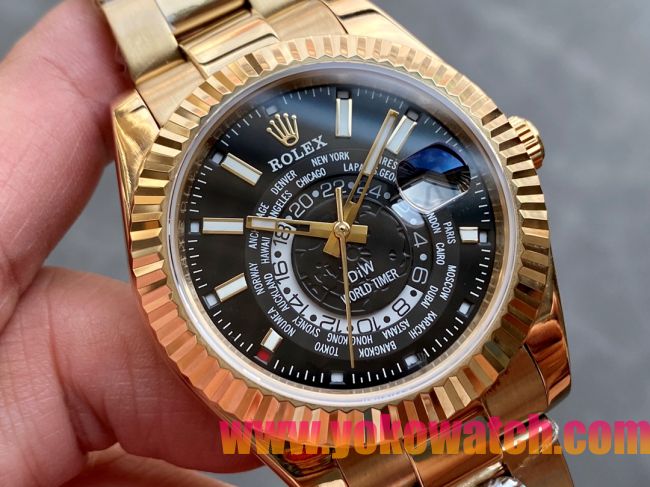 ロレックスコピー・ワールドタイマー（DIW）40mm 5185R“ブラック・ダイヤル＋イエローゴールドケース＋オイスターブレスレット” メンズ専用モデル