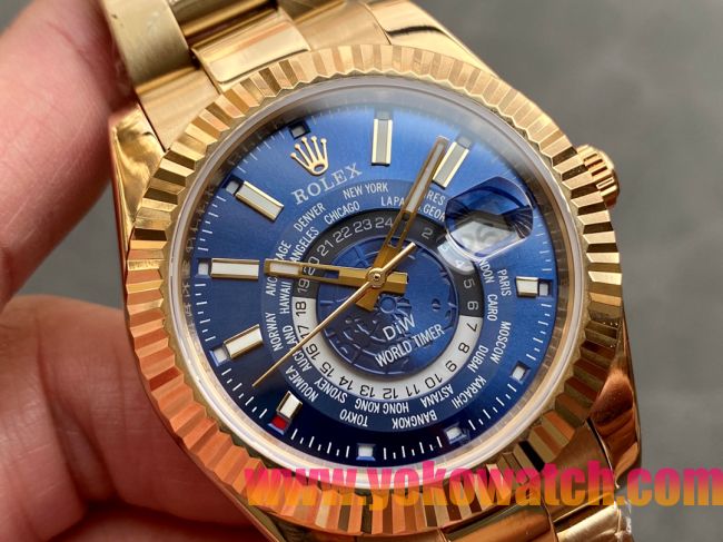 ロレックスコピー・ワールドタイマー（DIW）40mm 5185R“ブルー・ダイヤル＋イエローゴールドケース＋オイスターブレスレット” メンズ専用モデル