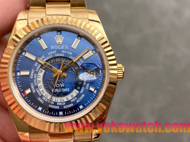 ロレックスコピー・ワールドタイマー（DIW）40mm 5185R“ブルー・ダイヤル＋イエローゴールドケース＋オイスターブレスレット” メンズ専用モデル