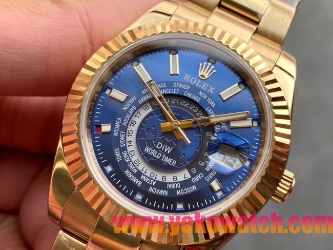 ロレックスコピー・ワールドタイマー（DIW）40mm 5185R“ブルー・ダイヤル＋イエローゴールドケース＋オイスターブレスレット” メンズ専用モデル