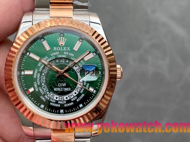 ロレックスコピー・ワールドタイマー（DIW）40mm 5185R“グリーン・ダイヤル＋ローズゴールドベゼル＋ステンレススチールケース＋オイスターブレスレット” メンズ専用モデル