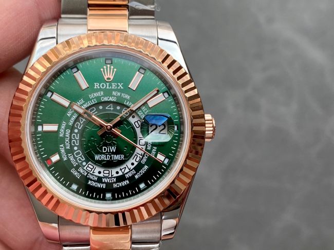 ロレックスコピー・ワールドタイマー（DIW）40mm 5185R“グリーン・ダイヤル＋ローズゴールドベゼル＋ステンレススチールケース＋オイスターブレスレット” メンズ専用モデル