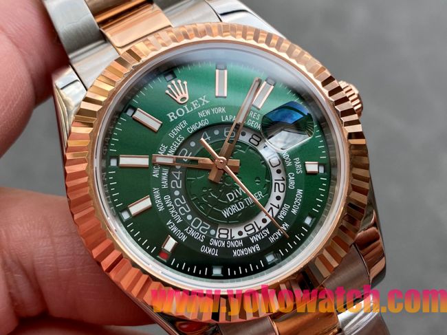 ロレックスコピー・ワールドタイマー（DIW）40mm 5185R“グリーン・ダイヤル＋ローズゴールドベゼル＋ステンレススチールケース＋オイスターブレスレット” メンズ専用モデル