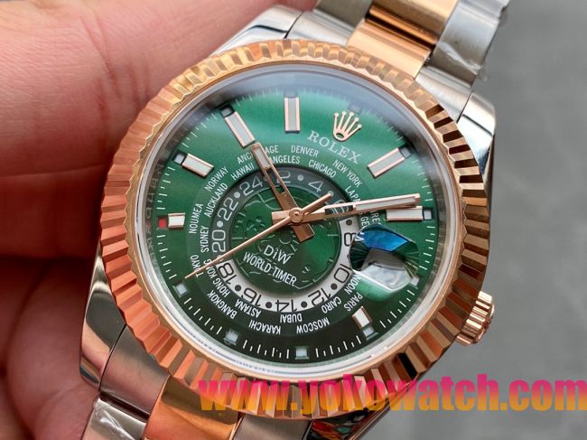 ロレックスコピー・ワールドタイマー（DIW）40mm 5185R“グリーン・ダイヤル＋ローズゴールドベゼル＋ステンレススチールケース＋オイスターブレスレット” メンズ専用モデル