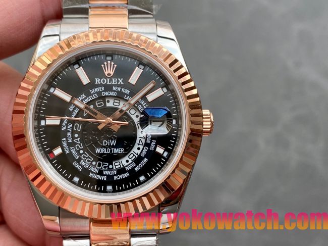 ロレックスコピー・ワールドタイマー（DIW）40mm 5185R“ブラック・ダイヤル＋ローズゴールドベゼル＋ステンレススチールケース＋オイスターブレスレット” メンズ専用モデル