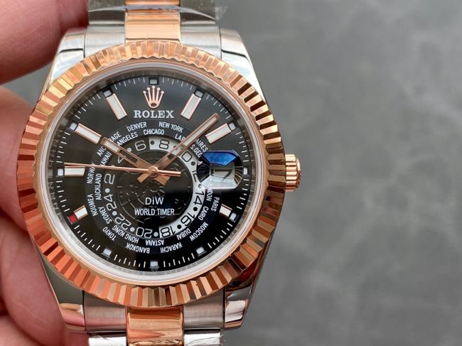 ロレックスコピー・ワールドタイマー（DIW）40mm 5185R“ブラック・ダイヤル＋ローズゴールドベゼル＋ステンレススチールケース＋オイスターブレスレット” メンズ専用モデル