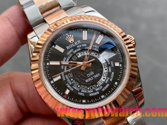 ロレックスコピー・ワールドタイマー（DIW）40mm 5185R“ブラック・ダイヤル＋ローズゴールドベゼル＋ステンレススチールケース＋オイスターブレスレット” メンズ専用モデル