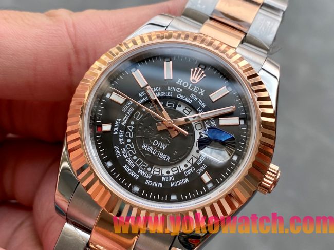 ロレックスコピー・ワールドタイマー（DIW）40mm 5185R“ブラック・ダイヤル＋ローズゴールドベゼル＋ステンレススチールケース＋オイスターブレスレット” メンズ専用モデル