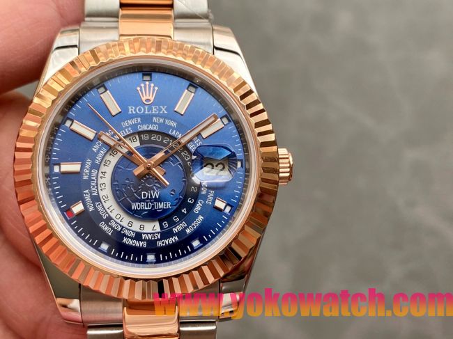 ロレックスコピー・ワールドタイマー（DIW）40mm 5185R“ブルー・ダイヤル＋ローズゴールドベゼル＋ステンレススチールケース＋オイスターブレスレット” メンズ専用モデル