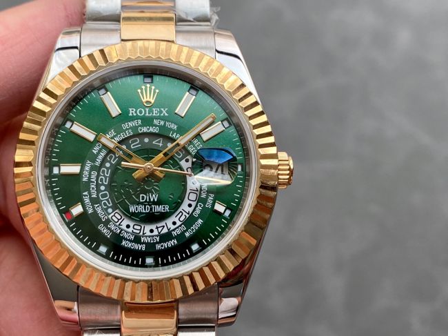 ロレックスコピー・ワールドタイマー（DIW）40mm 5185R“グリーン・ダイヤル＋イエローゴールドベゼル＋ステンレススチールケース＋オイスターブレスレット” メンズ専用モデル