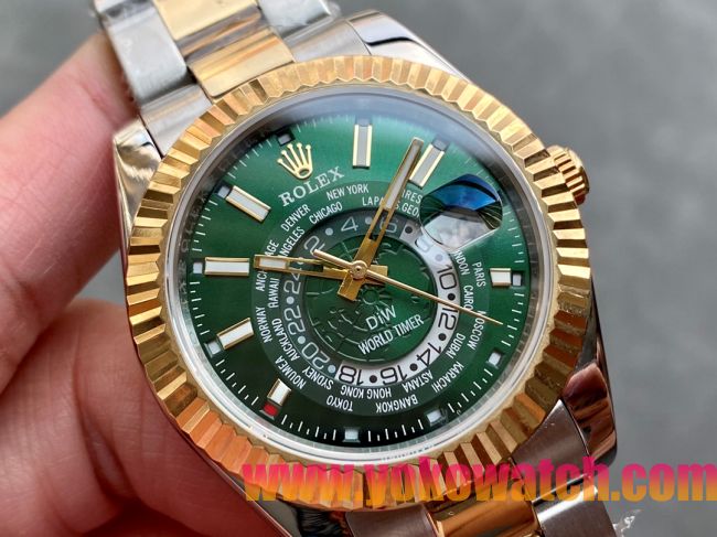 ロレックスコピー・ワールドタイマー（DIW）40mm 5185R“グリーン・ダイヤル＋イエローゴールドベゼル＋ステンレススチールケース＋オイスターブレスレット” メンズ専用モデル