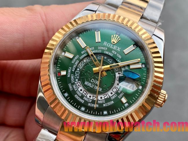 ロレックスコピー・ワールドタイマー（DIW）40mm 5185R“グリーン・ダイヤル＋イエローゴールドベゼル＋ステンレススチールケース＋オイスターブレスレット” メンズ専用モデル