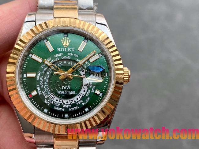 ロレックスコピー・ワールドタイマー（DIW）40mm 5185R“グリーン・ダイヤル＋イエローゴールドベゼル＋ステンレススチールケース＋オイスターブレスレット” メンズ専用モデル