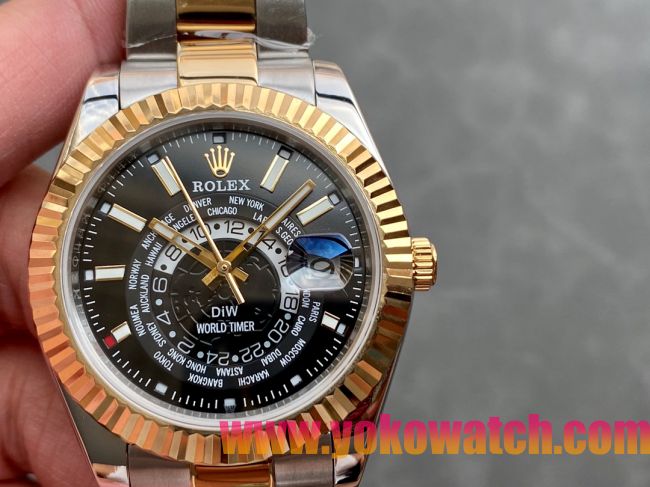 ロレックスコピー・ワールドタイマー（DIW）40mm 5185R“ブラック・ダイヤル＋イエローゴールドベゼル＋ステンレススチールケース＋オイスターブレスレット” メンズ専用モデル