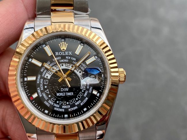 ロレックスコピー・ワールドタイマー（DIW）40mm 5185R“ブラック・ダイヤル＋イエローゴールドベゼル＋ステンレススチールケース＋オイスターブレスレット” メンズ専用モデル