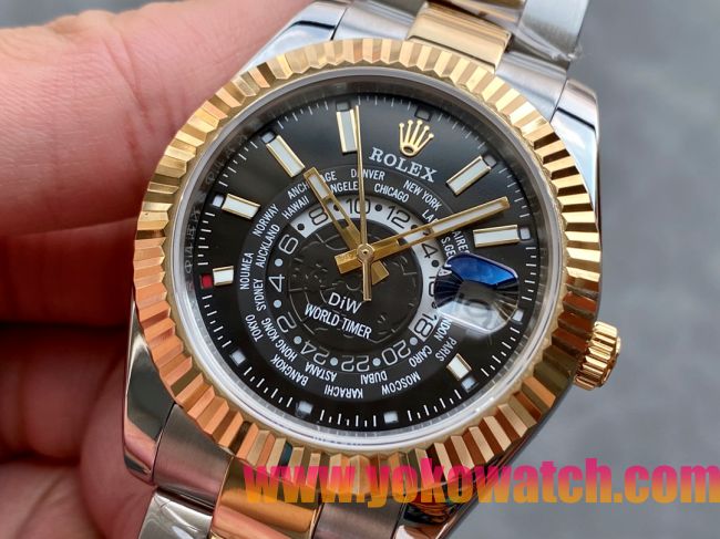 ロレックスコピー・ワールドタイマー（DIW）40mm 5185R“ブラック・ダイヤル＋イエローゴールドベゼル＋ステンレススチールケース＋オイスターブレスレット” メンズ専用モデル