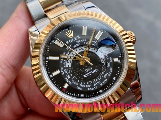 ロレックスコピー・ワールドタイマー（DIW）40mm 5185R“ブラック・ダイヤル＋イエローゴールドベゼル＋ステンレススチールケース＋オイスターブレスレット” メンズ専用モデル