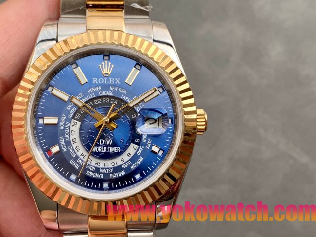 ロレックスコピー・ワールドタイマー（DIW）40mm 5185R“ブルー・ダイヤル＋イエローゴールドベゼル＋ステンレススチールケース＋オイスターブレスレット” メンズ専用モデル