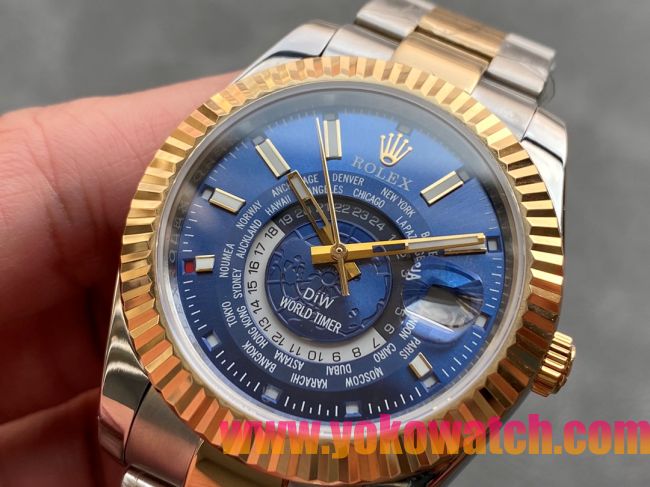 ロレックスコピー・ワールドタイマー（DIW）40mm 5185R“ブルー・ダイヤル＋イエローゴールドベゼル＋ステンレススチールケース＋オイスターブレスレット” メンズ専用モデル