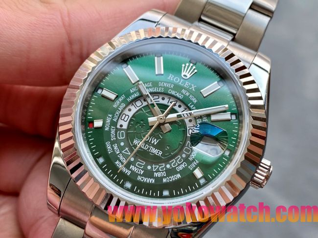 ロレックスコピー・ワールドタイマー（DIW）40mm 5185R“グリーン・ダイヤル＋ローズゴールドベゼル＋ステンレススチールケース＋オイスターブレスレット” メンズ専用モデル