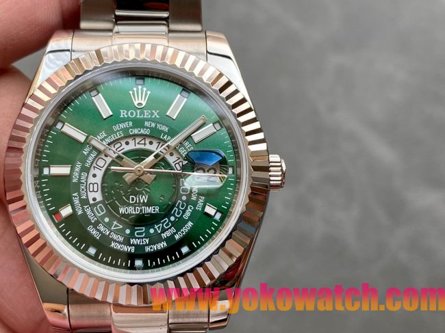 ロレックスコピー・ワールドタイマー（DIW）40mm 5185R“グリーン・ダイヤル＋ローズゴールドベゼル＋ステンレススチールケース＋オイスターブレスレット” メンズ専用モデル