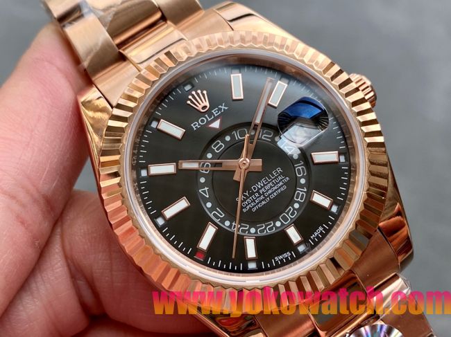 ロレックスコピー・スカイダイバー（SKY-DWELLER）40mm 326138“ブラック・ダイヤル＋イエローゴールドケース＋オイスターブレスレット” メンズ専用モデル