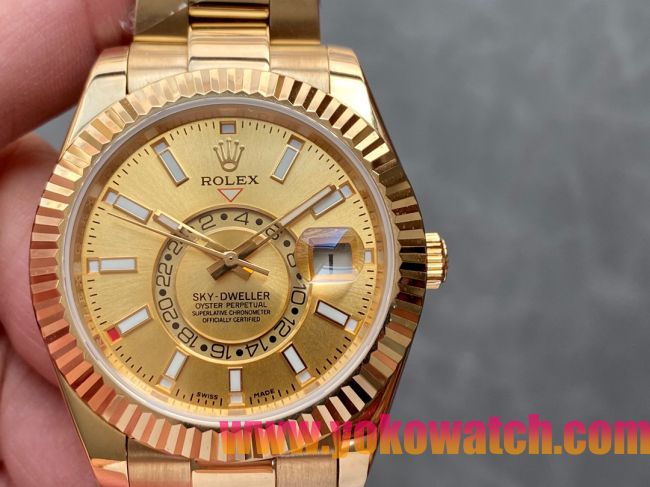 ロレックスコピー・スカイダイバー（SKY-DWELLER）40mm 326138“ゴールド・ダイヤル＋イエローゴールドケース＋オイスターブレスレット” メンズ専用モデル